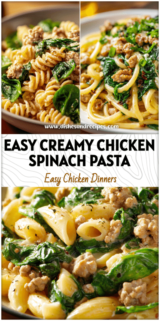 Plate of ground chicken spinach pasta mixed in creamy sauce with bright green spinach leaves.